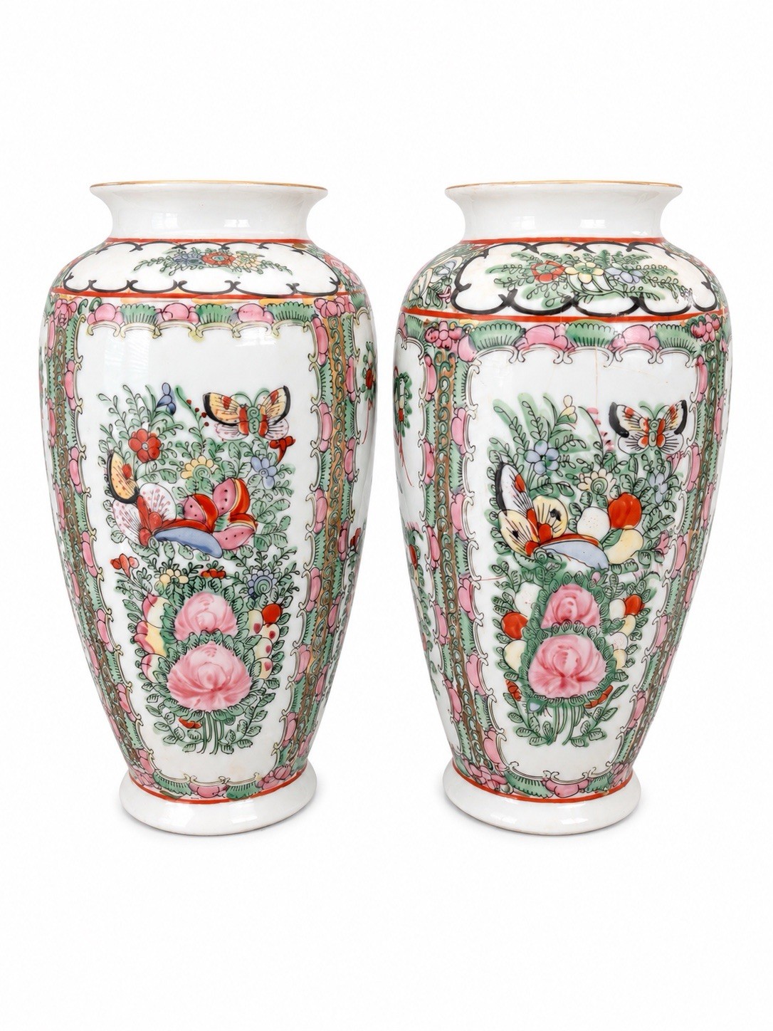 Vintage Pair Chinese Export Famille Rose Enameled Vases Butterfly Flowers 9.75”