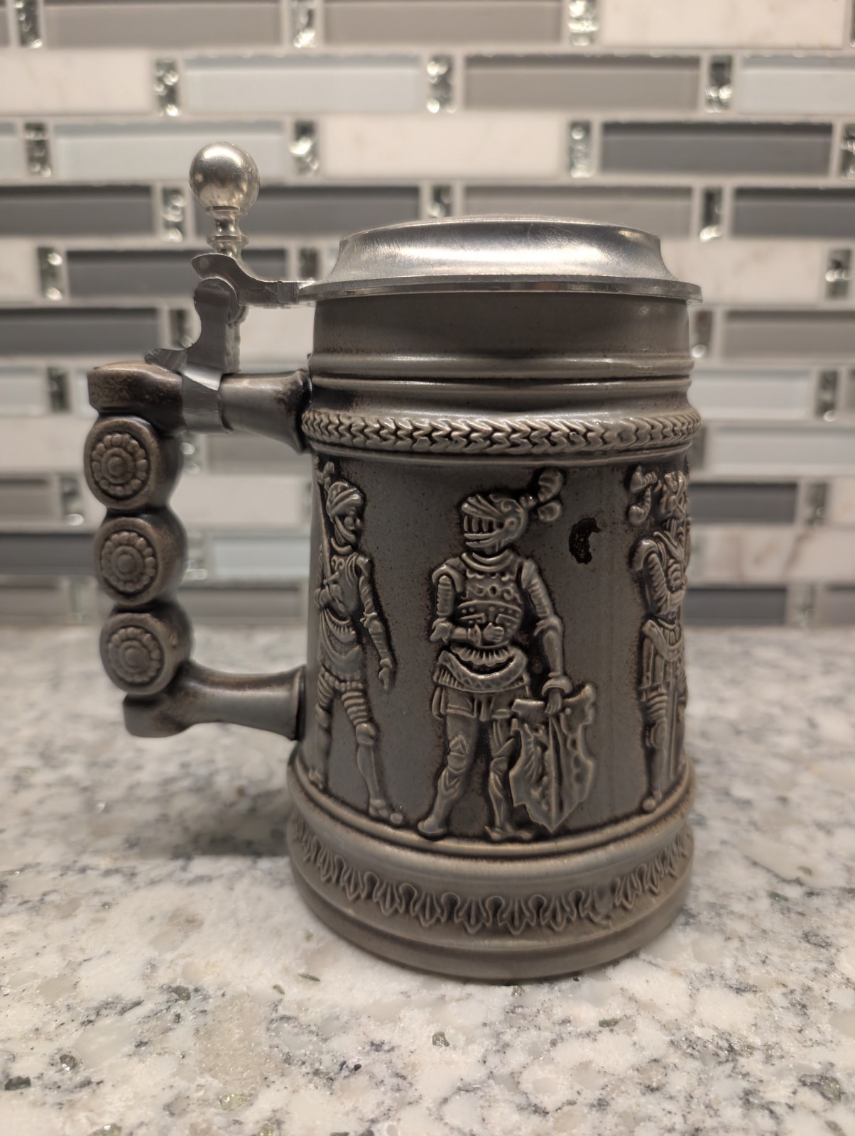 Vintage West German Stoneware Beer Stein - Medieval Knights Relief - DBGM Pewter