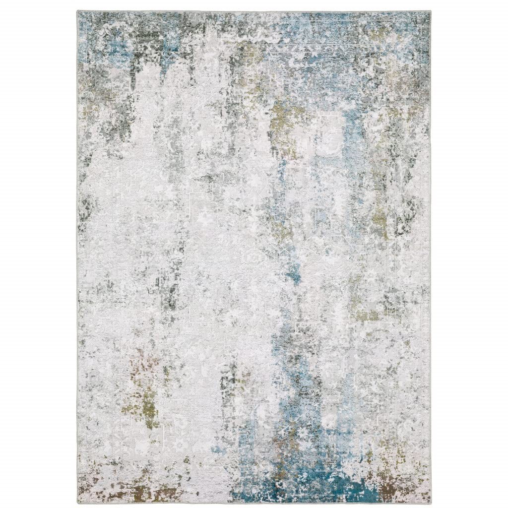 8' X 10' Ivory Teal Blue Grey Brown And Gold Abstract Printed Stain Resistant
