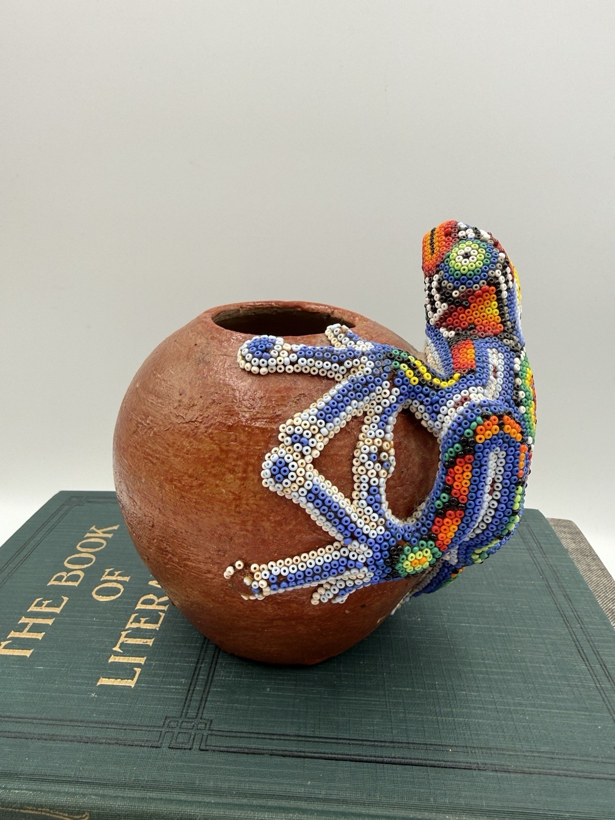 Vintage Huichol Beaded Frog Pottery Vase, Mexican Folk Art, As Is Vintage Huichol Beaded Frog Pottery Vase, Mexican Folk Art, As Is