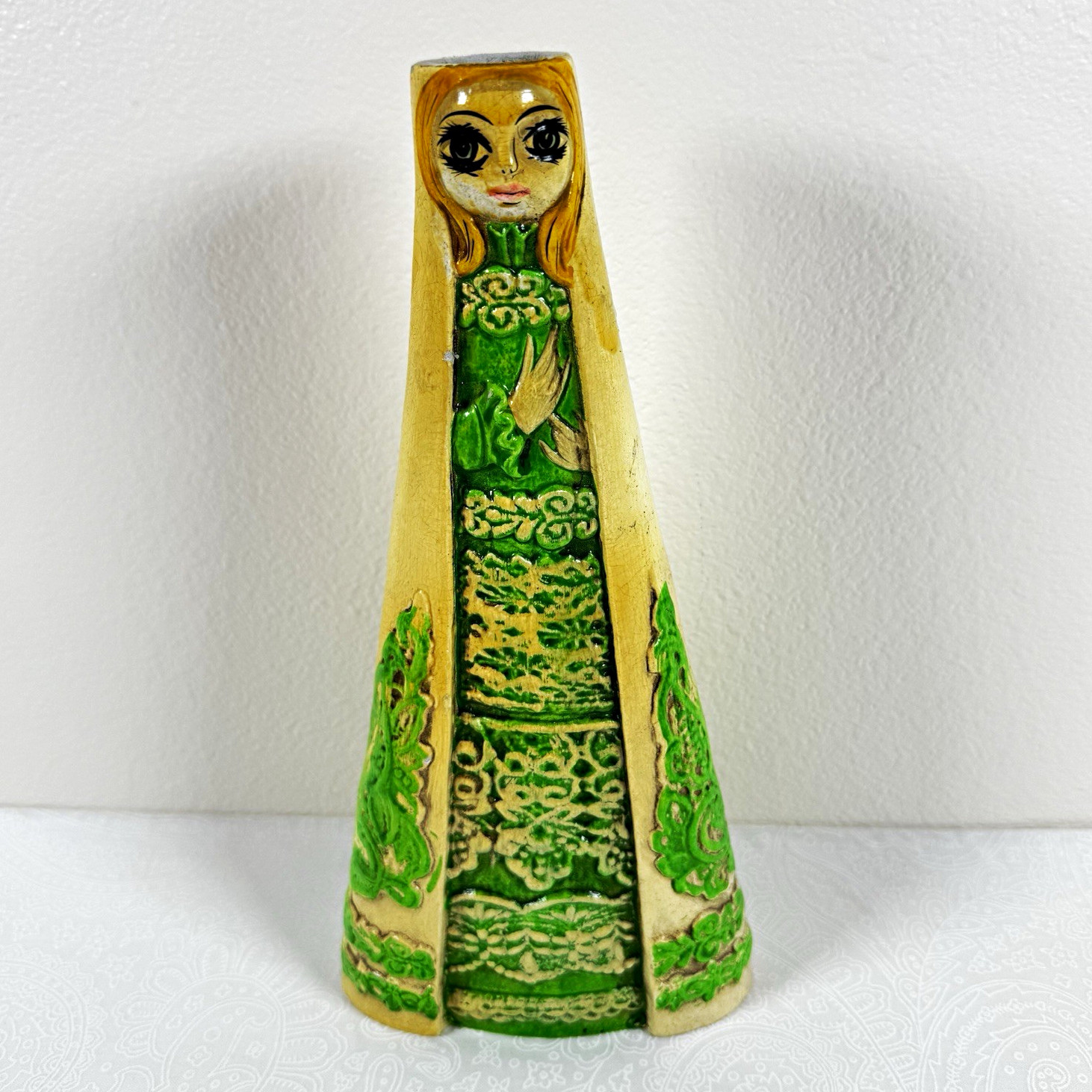 Vtg 1960s Japan Paper Mache Big Eye Lady Candle Holder Mid Century Folk Art Girl