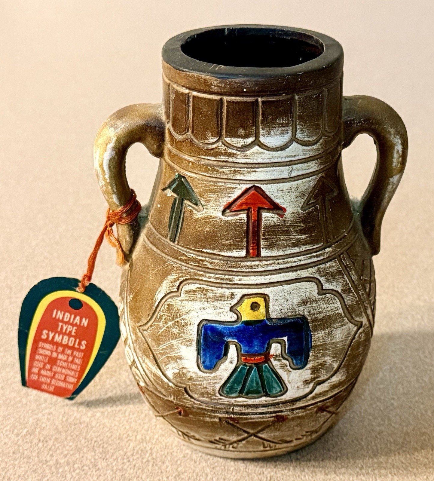 VTG Black Hills South Dakota Souvenir Pottery Vase Thunderbird w/ Tag 6.5 in