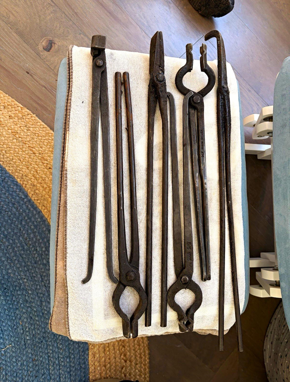 Vintage/Antique Blacksmithing Tool Lot - Forged Iron Tongs & Long Rod Tools