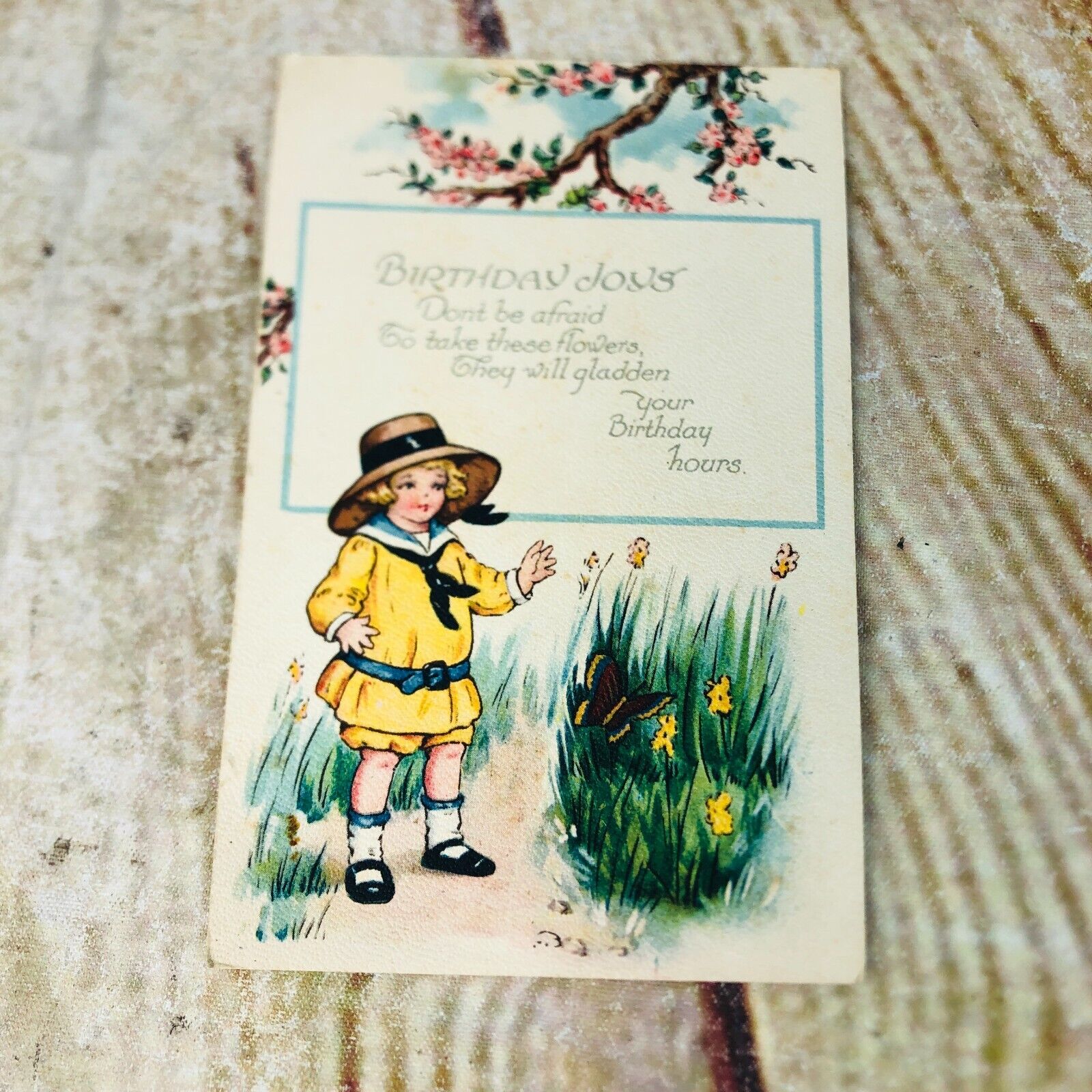 vtg birthday joys post card little girl butterflies cherry blossoms used