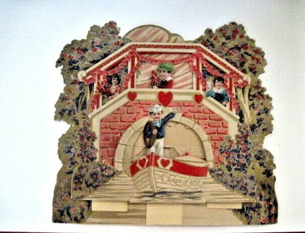 Lovely Vintage Pull Down 3D Die Cut Valentine w/ Boy In Boat & Gold Accents    *