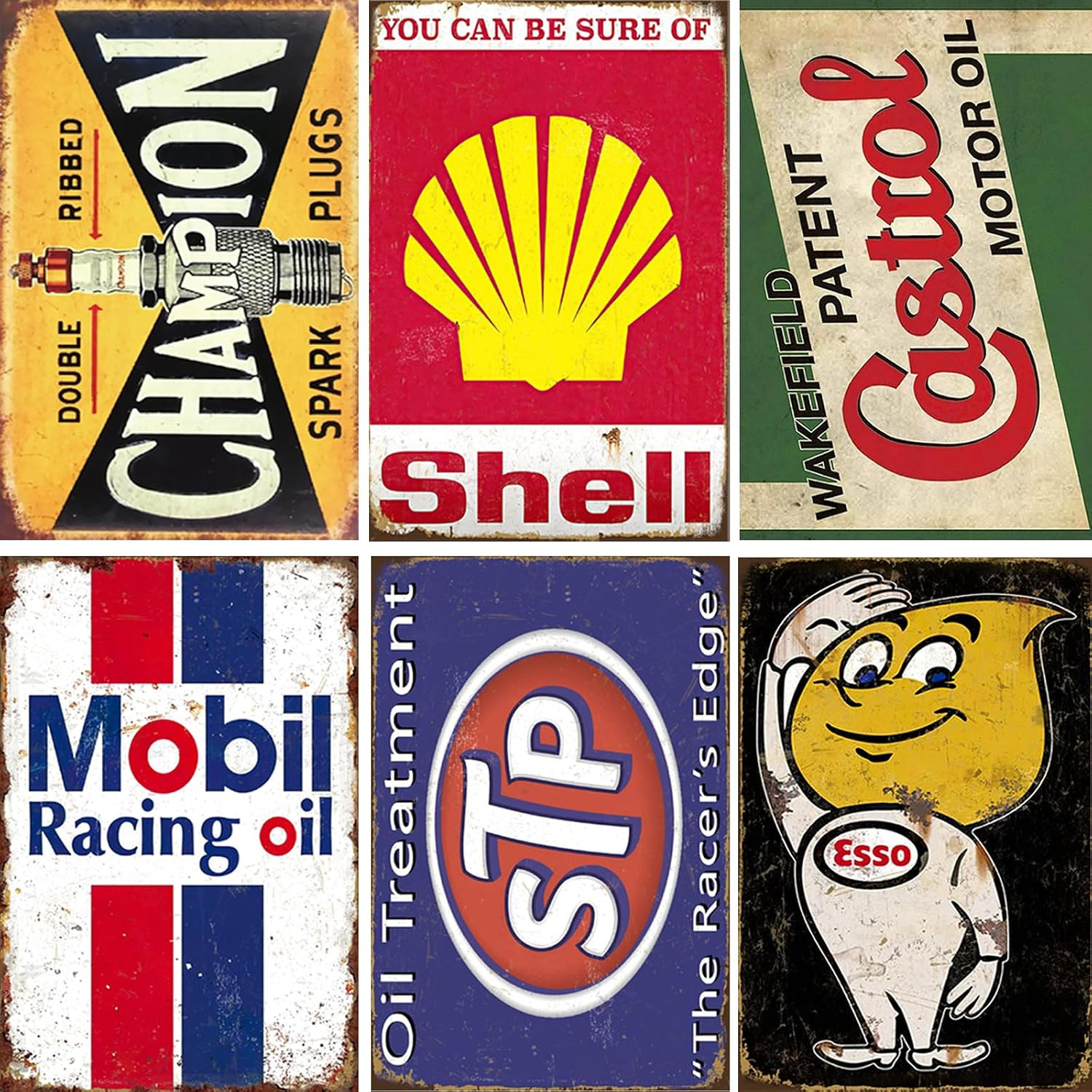 Vintage Metal Tin Signs Set of 6, Retro Garage Signs & Oil & Gas Station Wall De