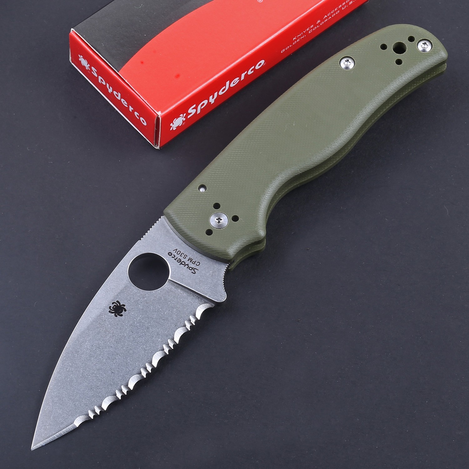 C229 Custom Green G10 Handle Full Serrated Blade Lockback Pocket Knife With Clip