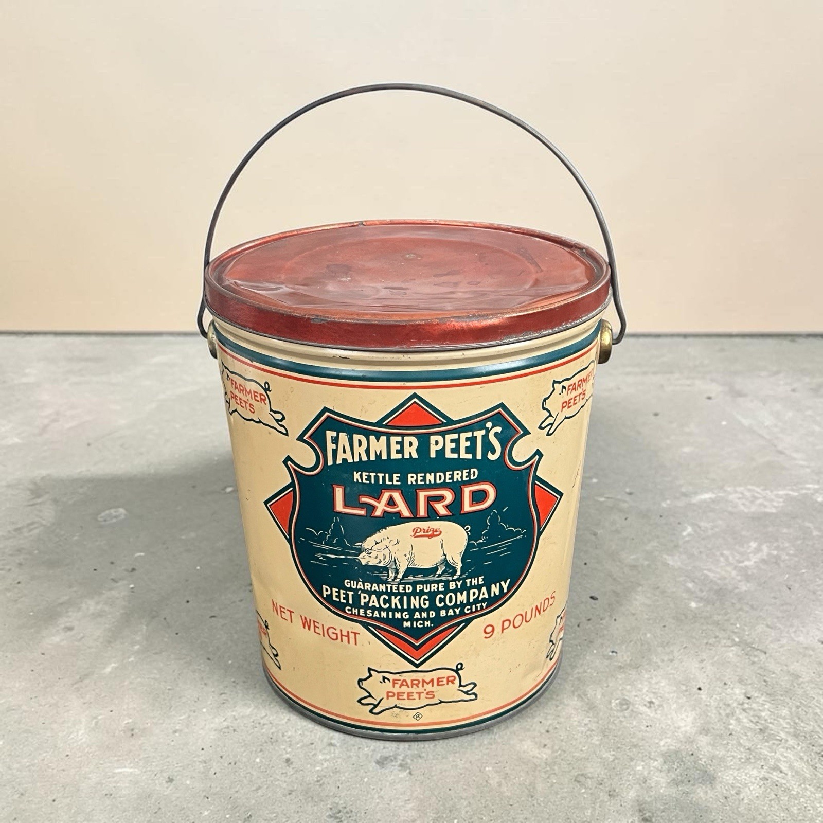 Vintage Farmer Peet’s Lard Tin 9 Lb Michigan Litho Pig Country Store Can Lid