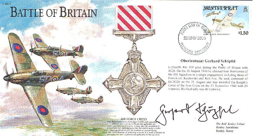 BB13 Battle of Britain Hurricane FDC signed Luftwaffe ace GERHARD SCHOPFEL KC