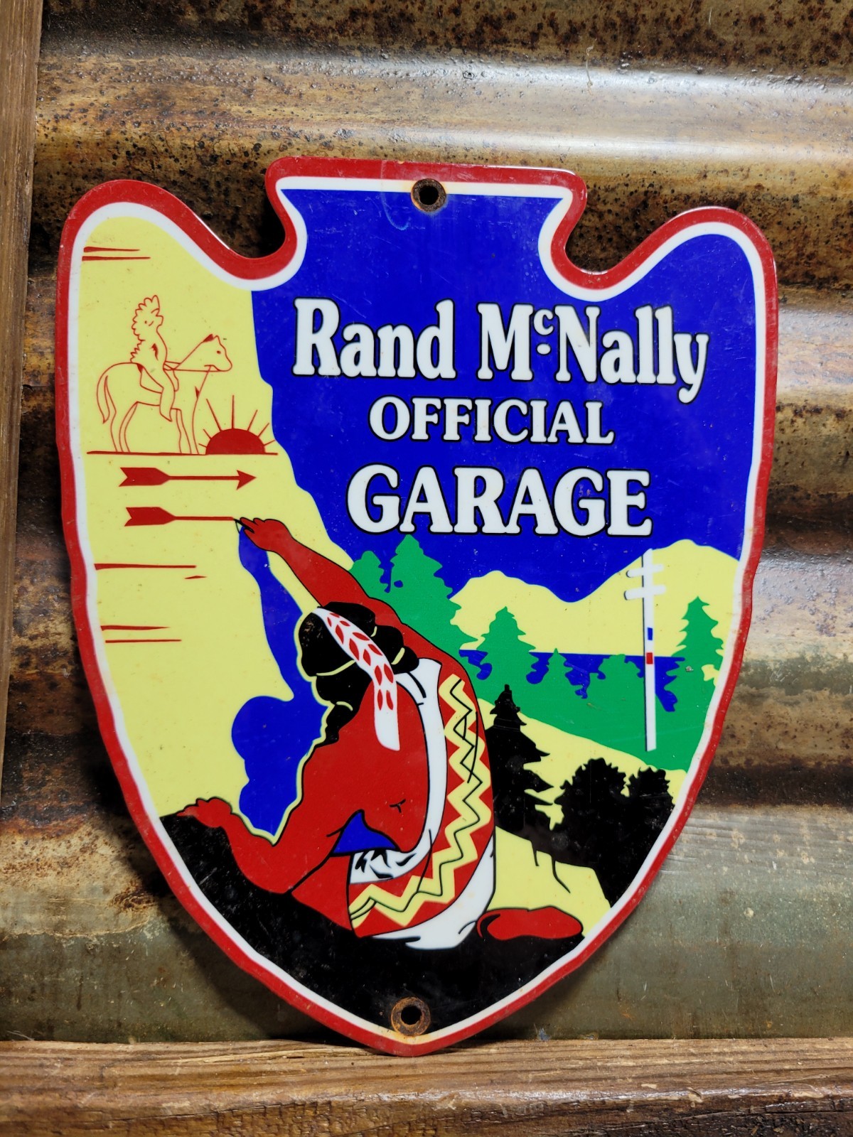 VINTAGE RAND MCNALLY PORCELAIN SIGN ARROWHEAD GARAGE HOTEL TOURISM TRAVEL MAPS