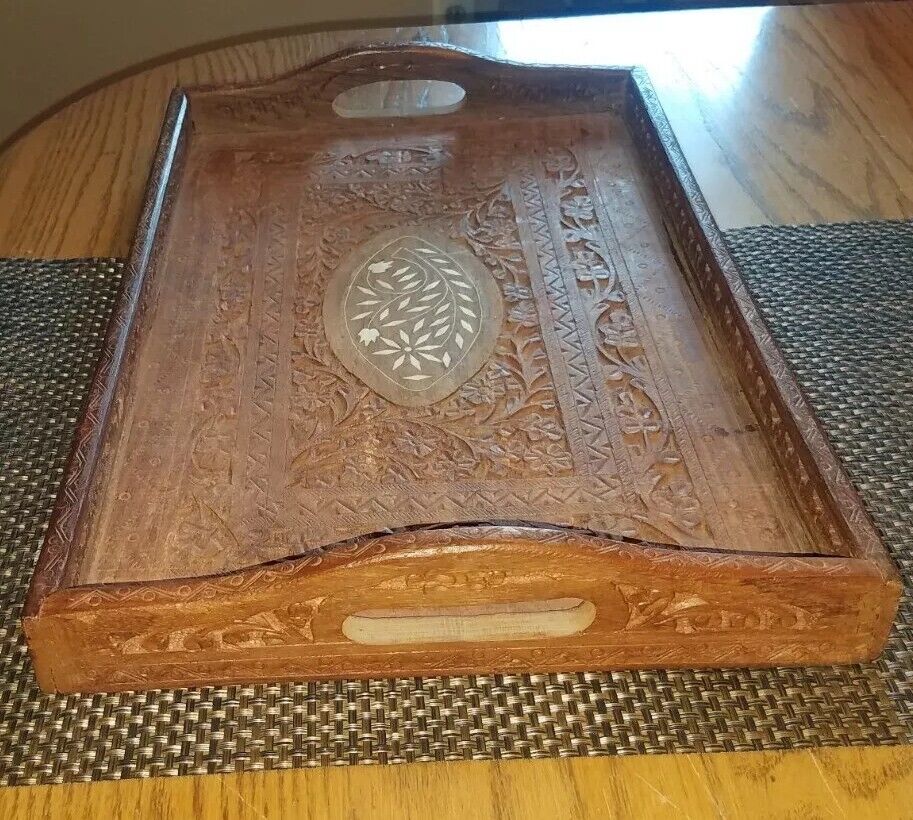 VTG CARVED WOOD Handled Serving Tray w/FLORAL INLAY 17\