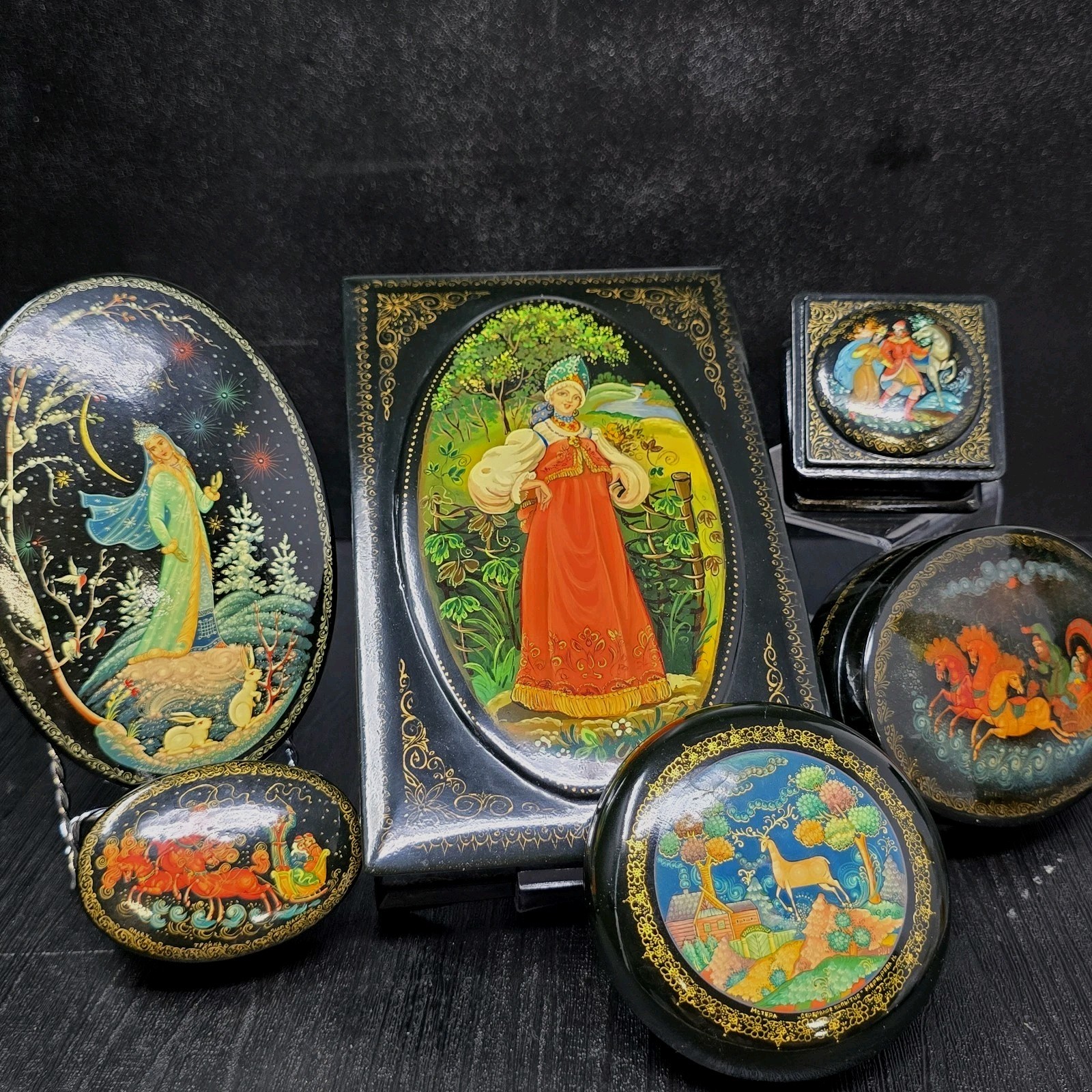 lot Vtg USSR russian Fairy Tale Laquer Trinket Boxes SIGNED Red Interior Jewelry