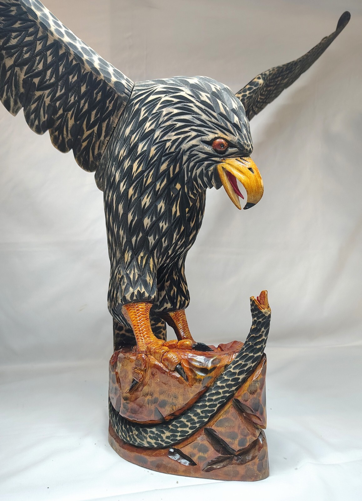Mexican Black Eagle LARGE Wooden Hand Crafted Sculpture DETACHABLE WINGS 1975