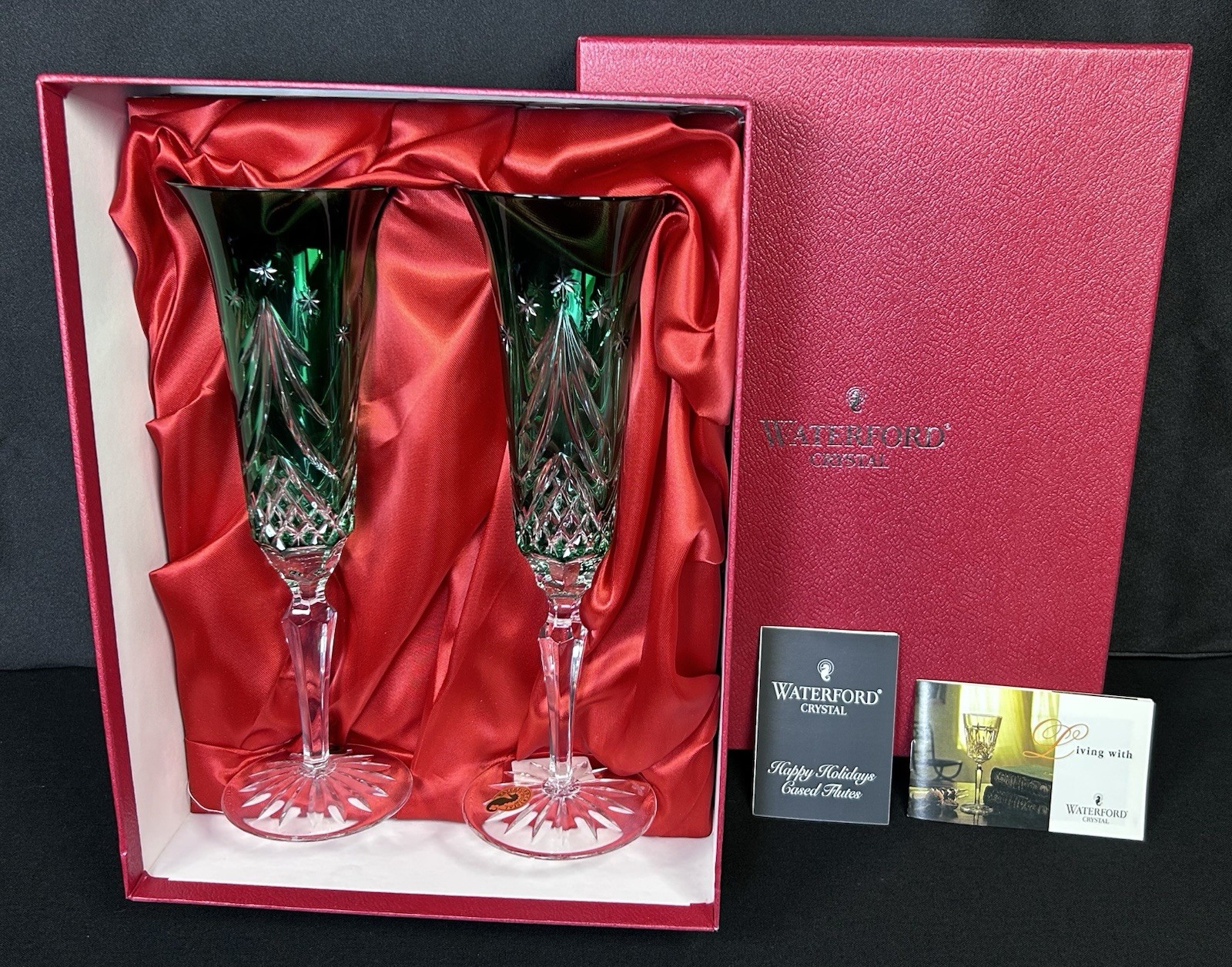 Waterford Crystal Happy Holidays Emerald Flute Pair 114992 Christmas Tree Waterford Crystal Happy Holidays Emerald Flute Pair 114992 Christmas Tree