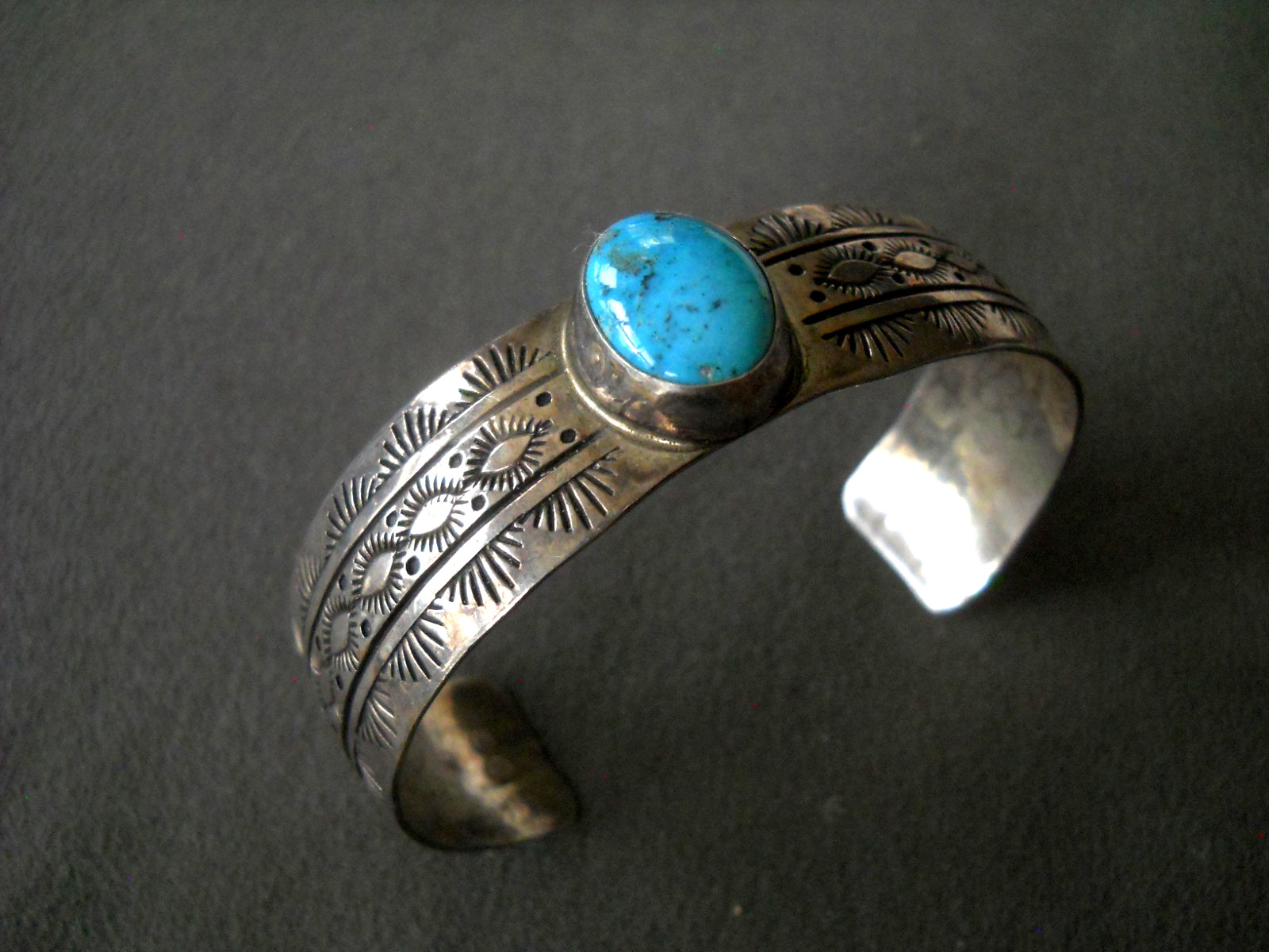 Native American Navajo Blue Turquoise Sterling Silver Cuff Bracelet w/ Stampwork