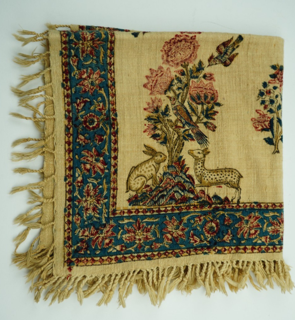 Vintage Persian Ghalamkar Block Print Textile 18x18 Isfahan Kalamkari Mat Iran
