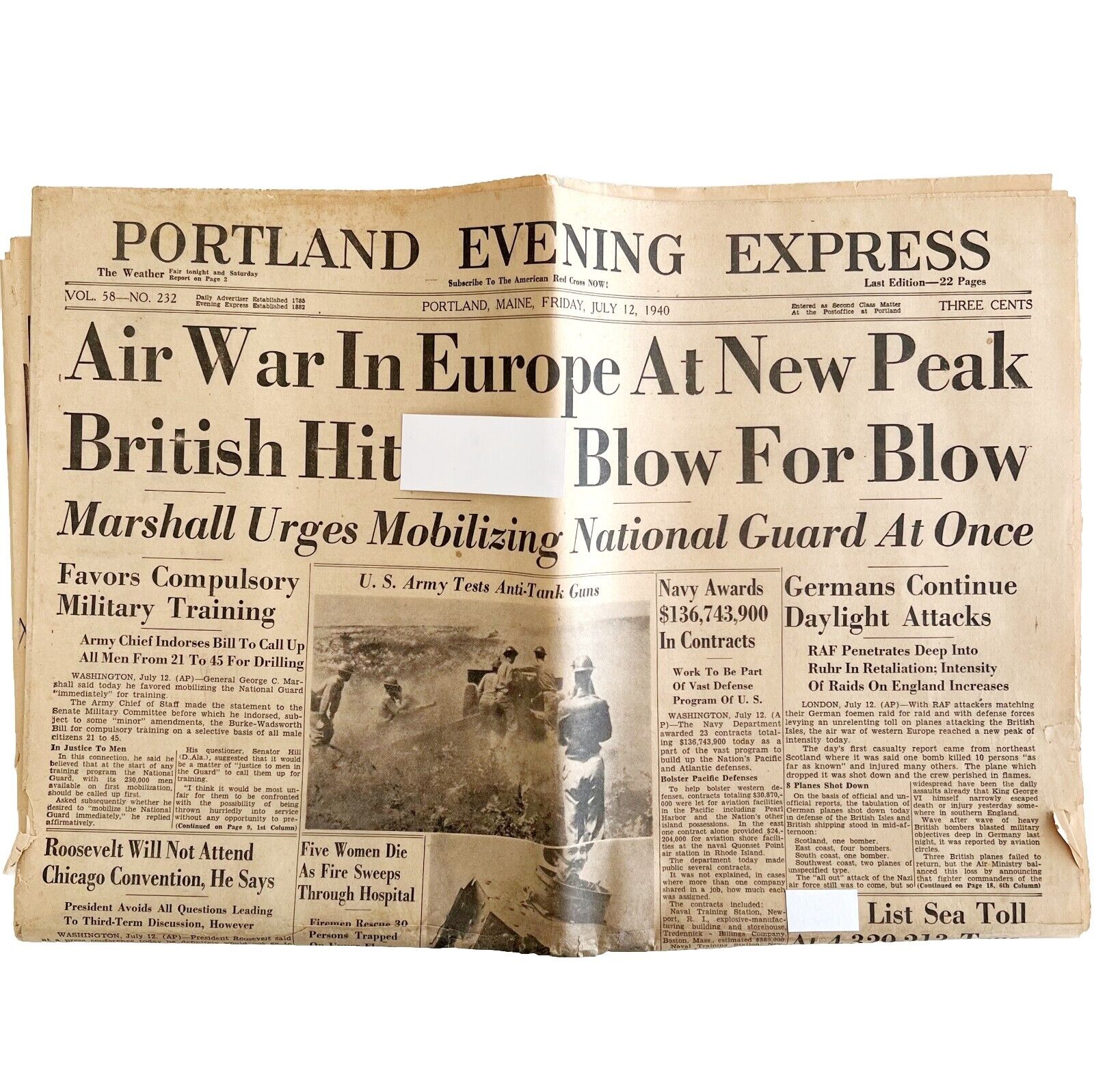 WW2 1940 Newspaper Portland Maine Evening Express War In Europe July 12 DWCC17