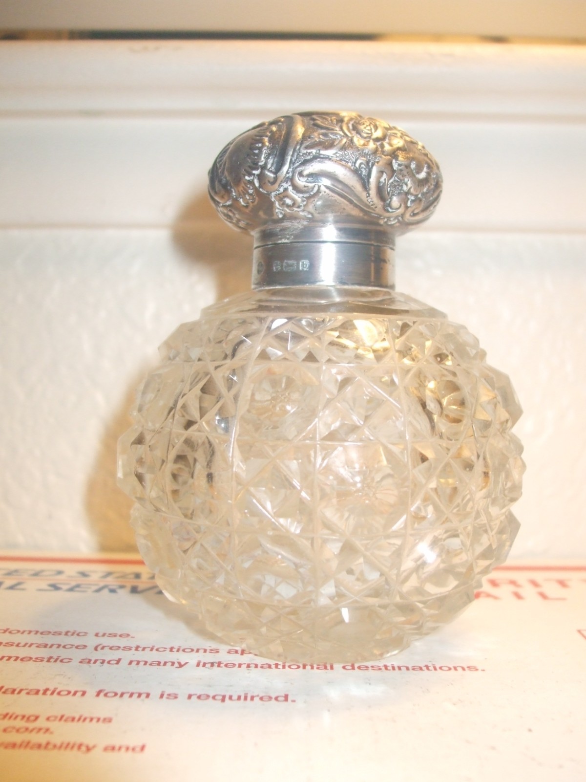 Antique Cut Glass Perfume Bottle Sterling Silver Top With Glass Prizm Stopper