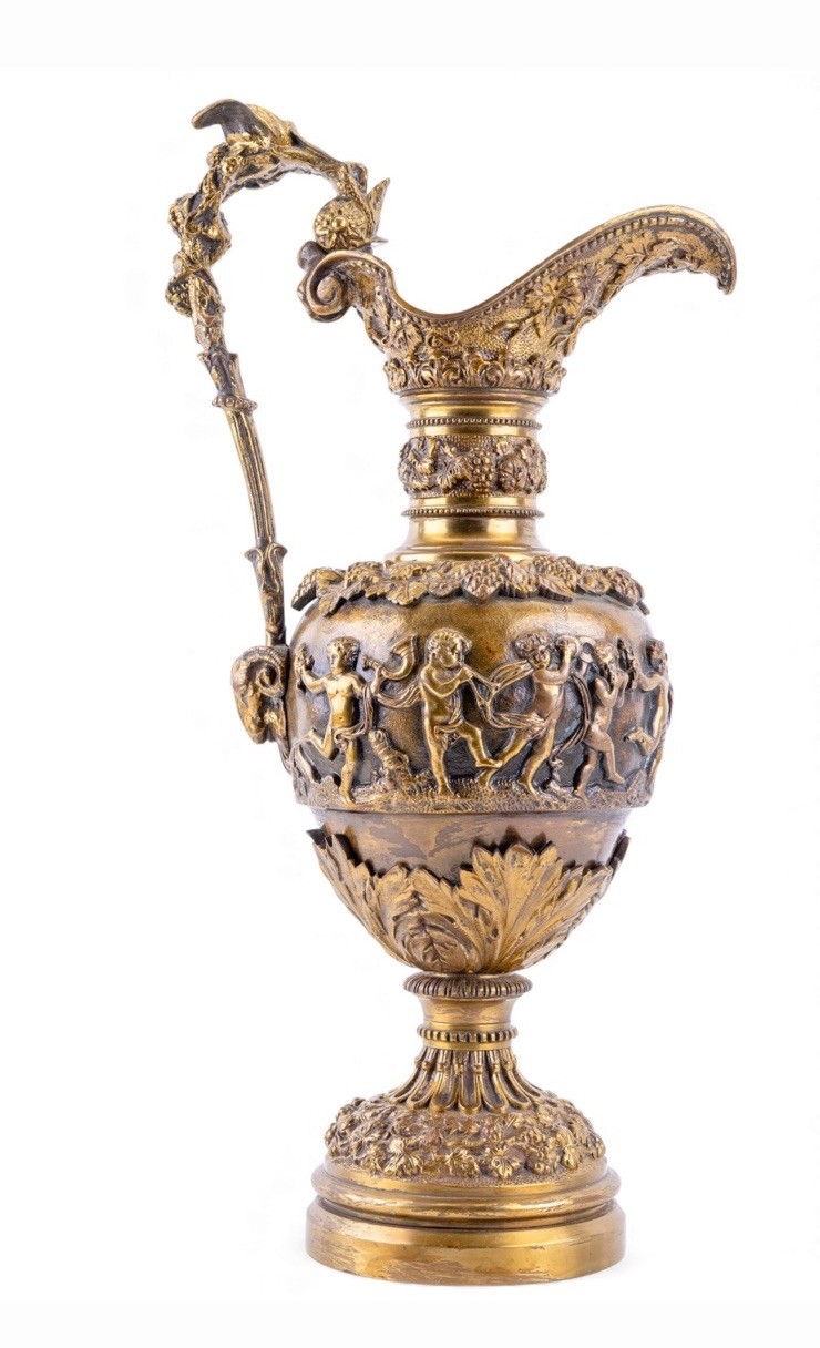 19th C French Gilt Ormolu Bronze Ewer Renaissance Revival Cherubs Grapevine 20”