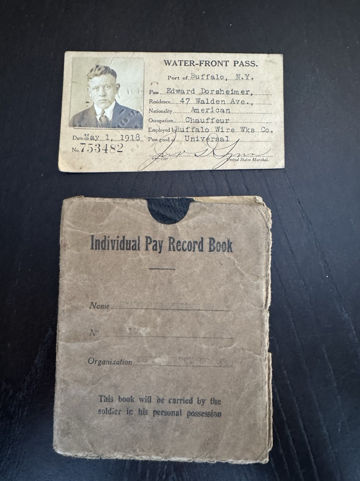 WWI Buffalo NY Soldier ID Lot 1918 Water-Front Photo Pass & AEF Pay Record Book