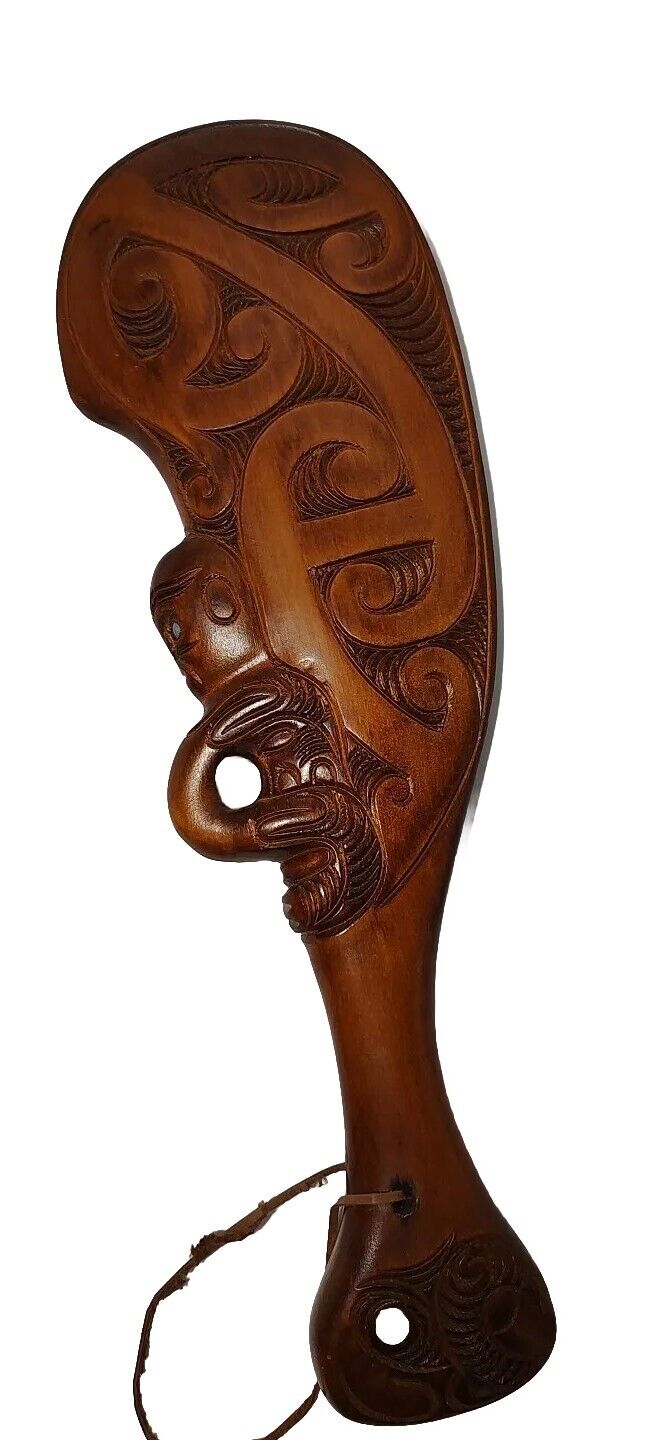 Vintage New Zealand Maori War Club Carved Wood Paua Shell Accents Native Art