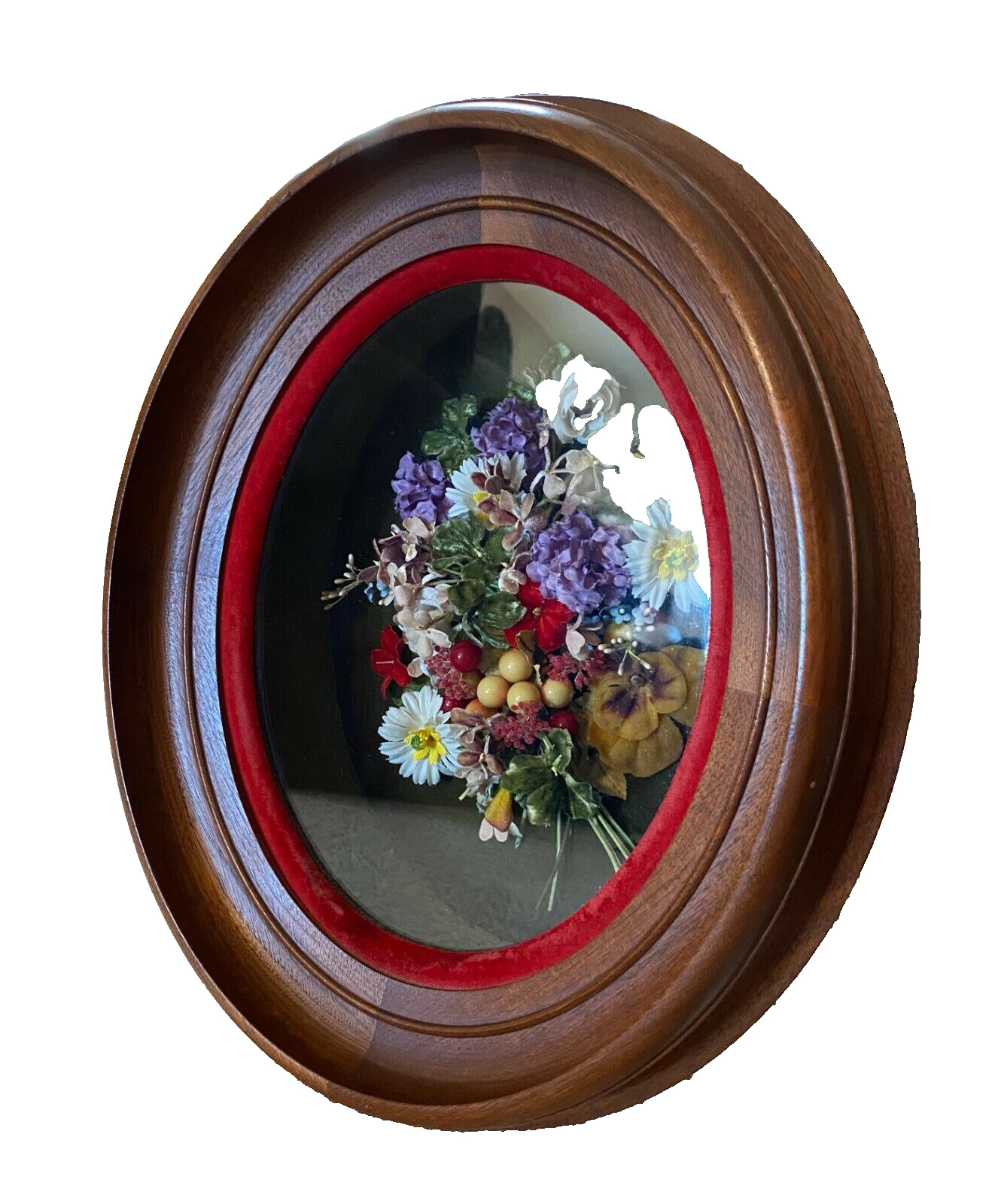 Antique Oval Wooden Felt Deep Shadow Box Faux Floral Glass Frame Vtg Wall Decor 