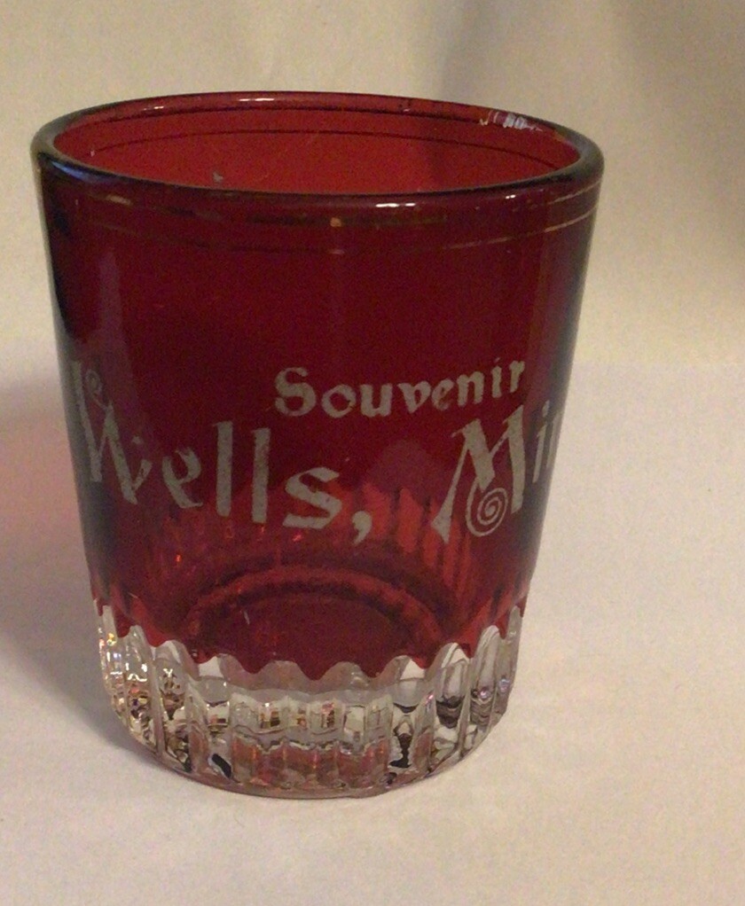 2 3/8” Tall Ruby Flash Souvenir Wells Minn, Shot Glass . 1920’s Minnesota Mn . 