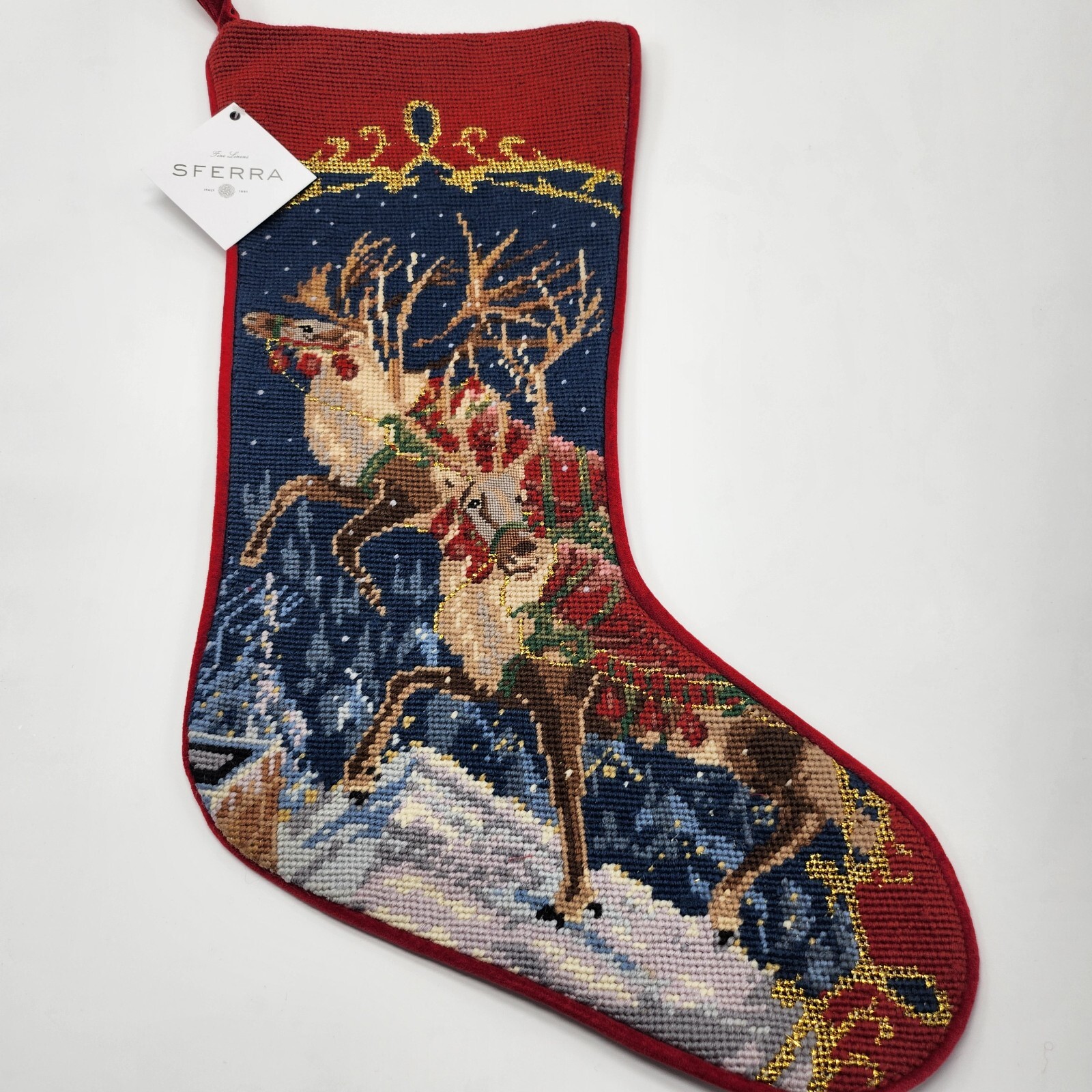 Sferra Reindeer Christmas Stocking Needlepoint Handmade Red Velvet Backing NEW Sferra Reindeer Christmas Stocking Needlepoint Handmade Red Velvet Backing NEW