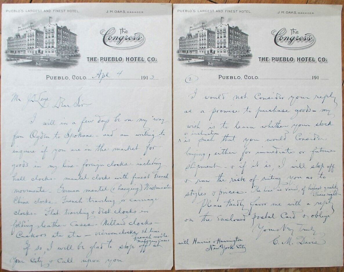 Pueblo, CO 1913 TWO Hotel Letterheads: Clock Salesman's Letter to Butte, MT