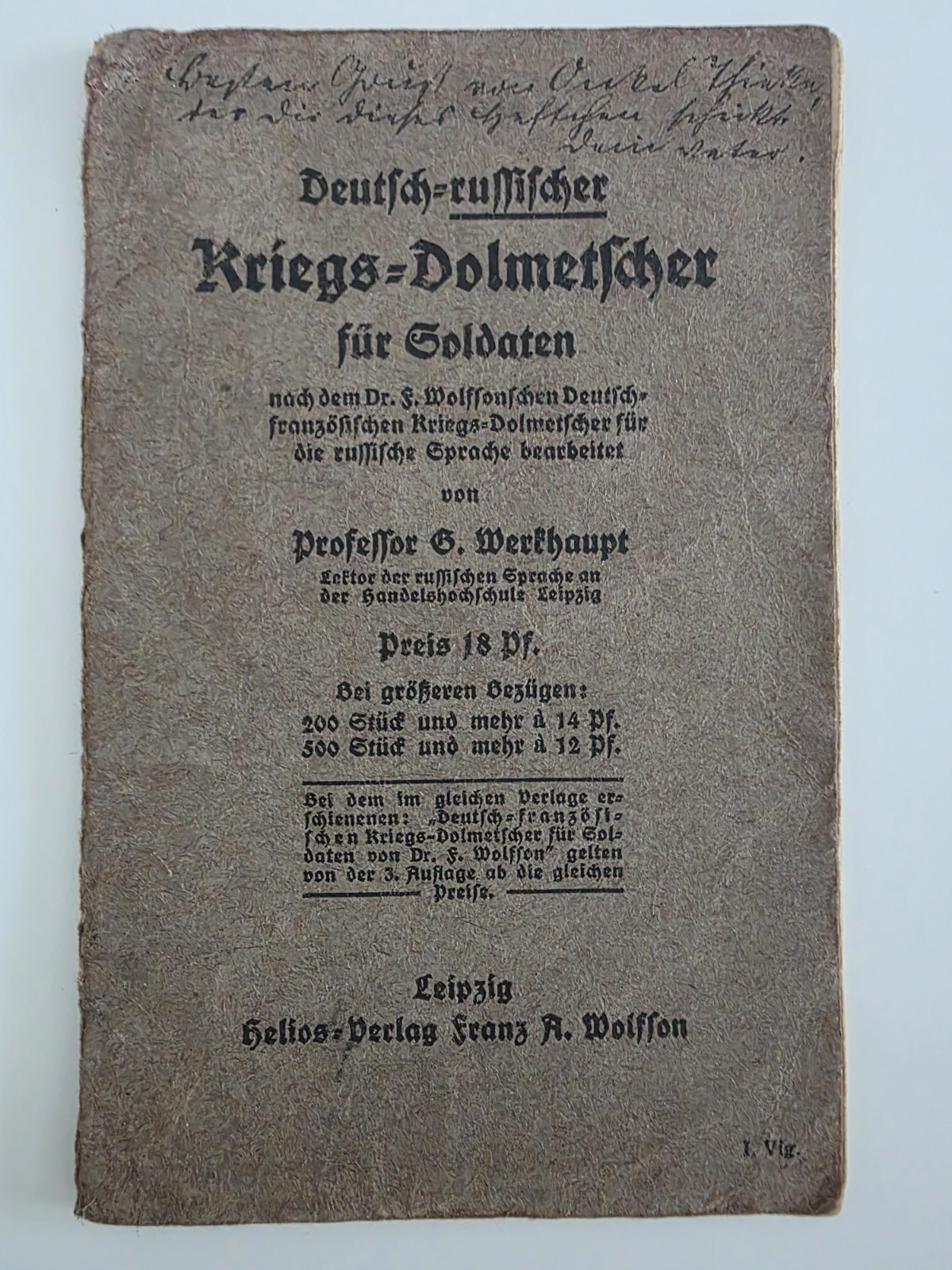 Small Booklet German-Russian War Interpreters for Soldiers WW I Circa 1918