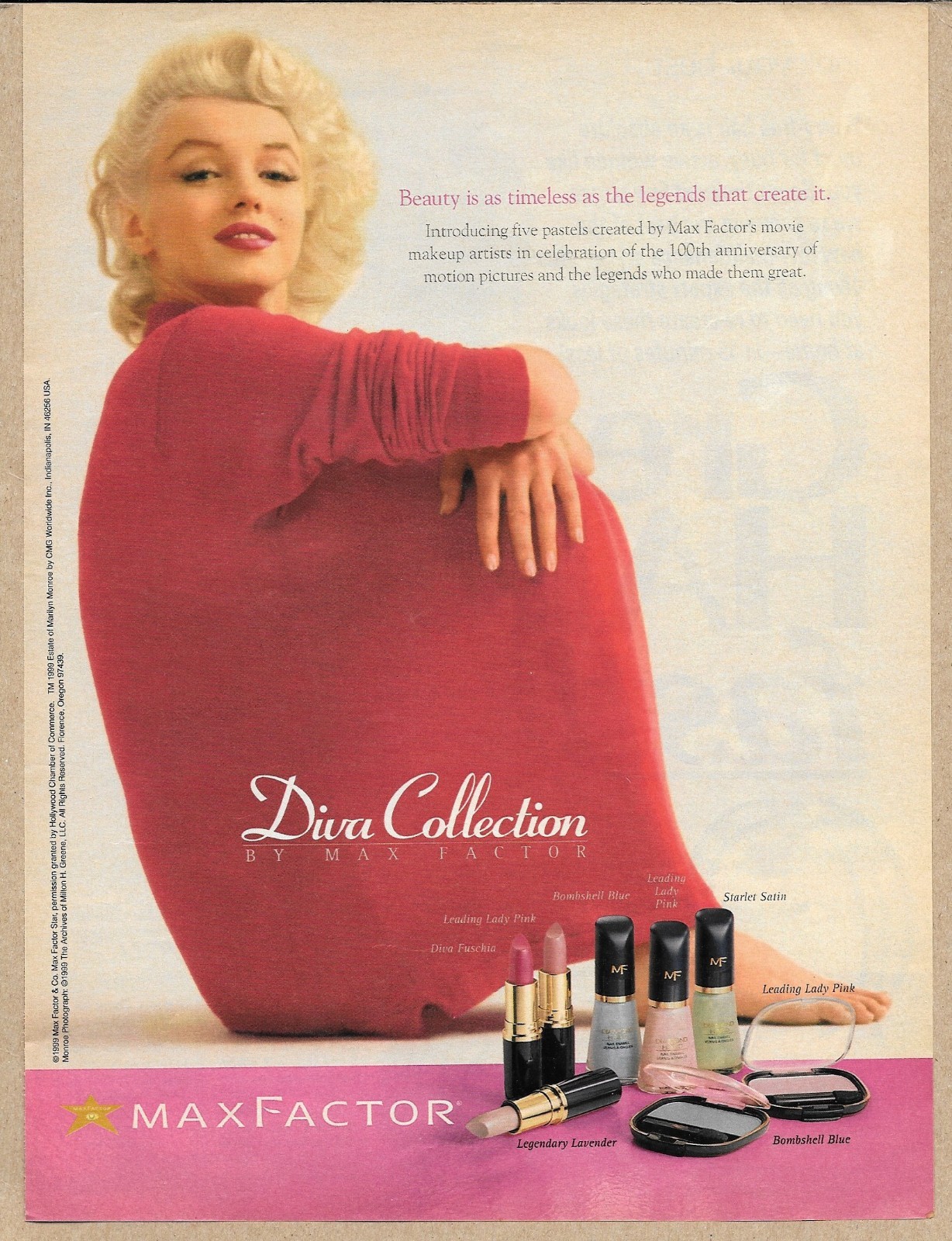 Marilyn Monroe Max Factor Diva Collection 1999 Vintage Print Ad Makeup Portrait