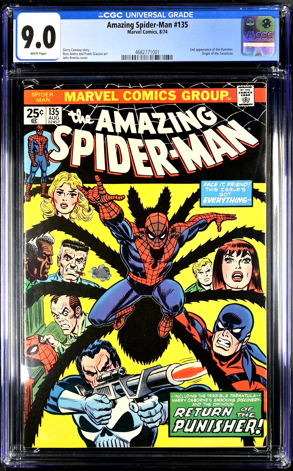 Amazing Spider-Man #135 (1974) CGC 9.0 VF/NM WHITE Pages KEY Romita 2nd Punisher