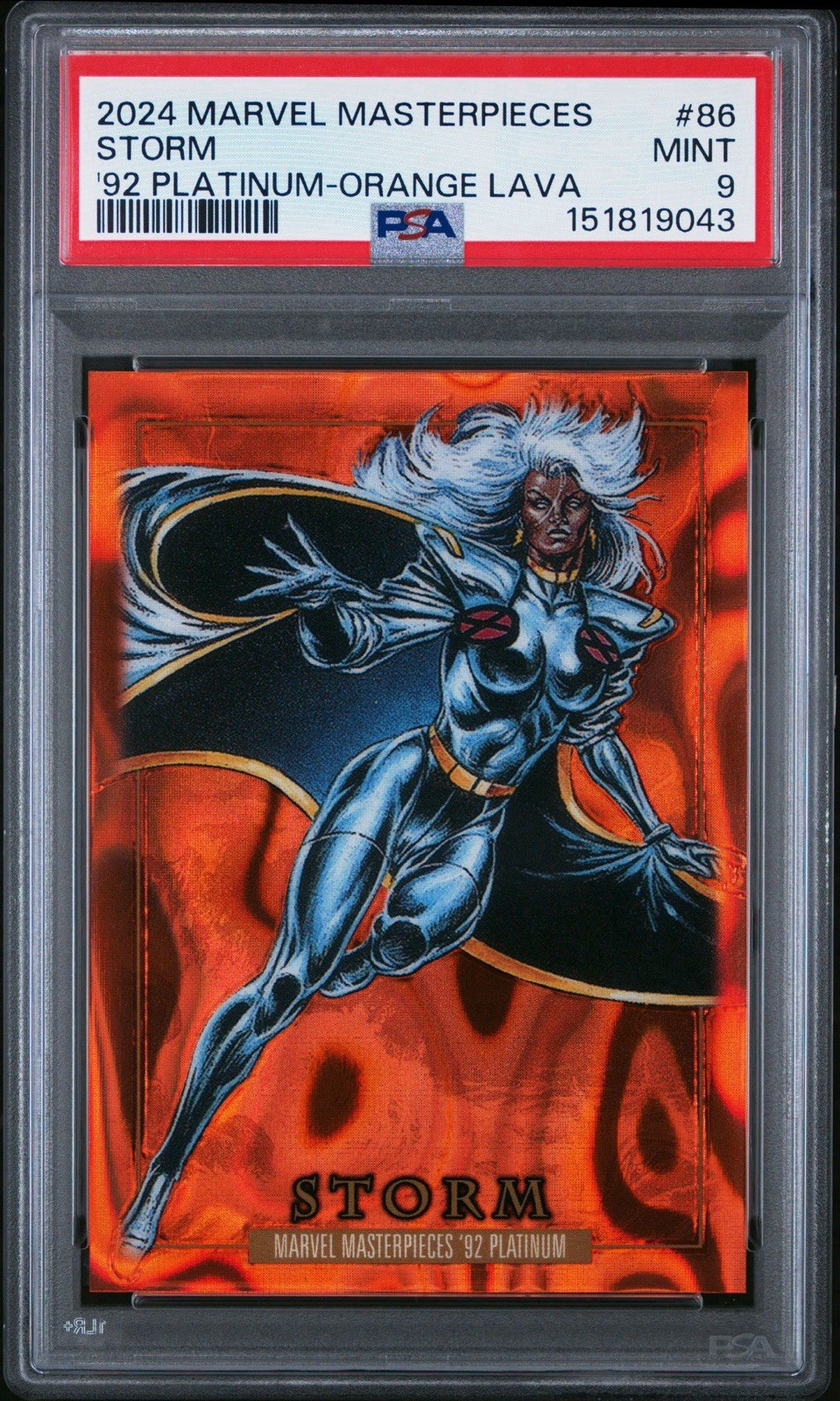 2024 Skybox Marvel Masterpieces ’92 Platinum Storm 02/25 Orange Lava PSA 9