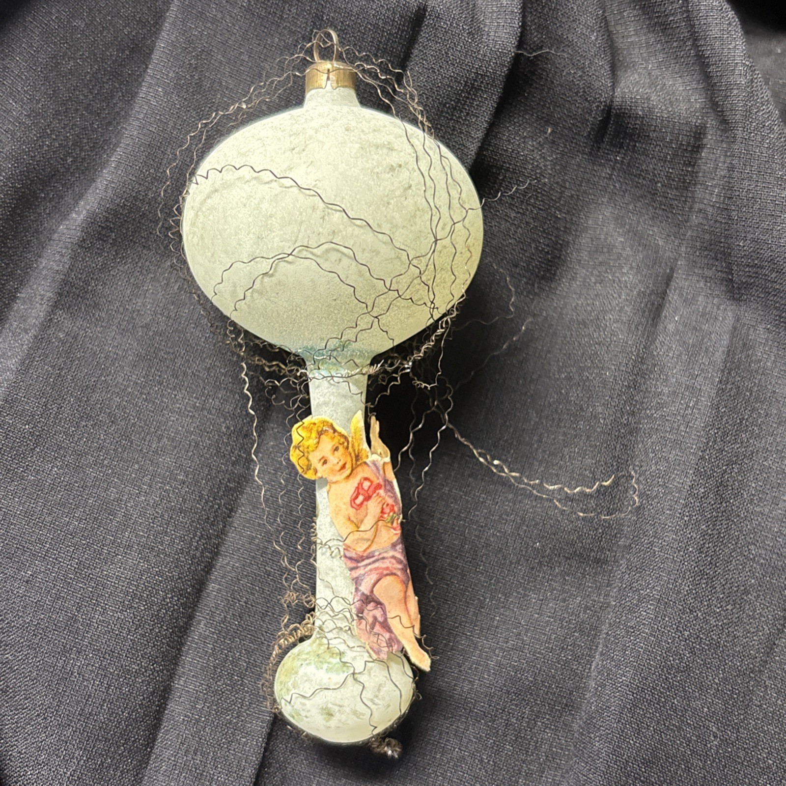 Antique old Victorian Wire Wrapped Balloon Die Cut Cherub Christmas Ornament