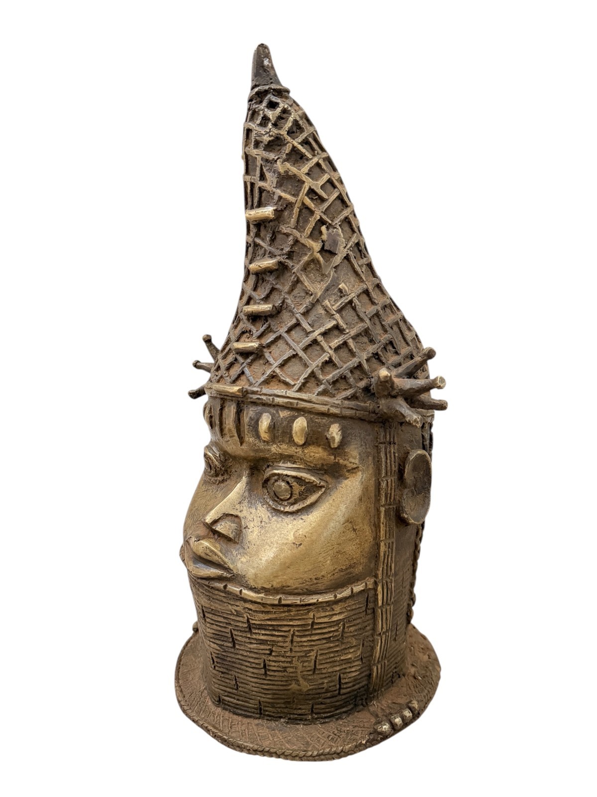 Benin Bronze Head 1990s African Tribal Art Oba Style Lost Wax Cast Brass