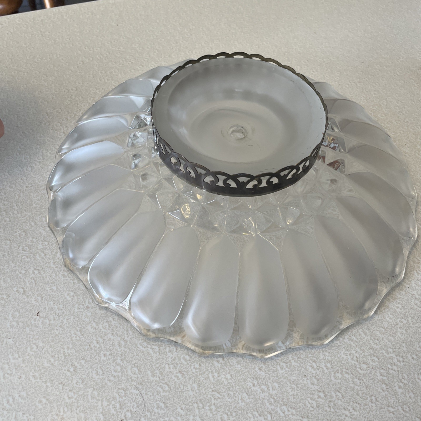 1920’s Art Deco 14” Ceiling Light Shade Clear Frosted Glass Metal Band Scallop