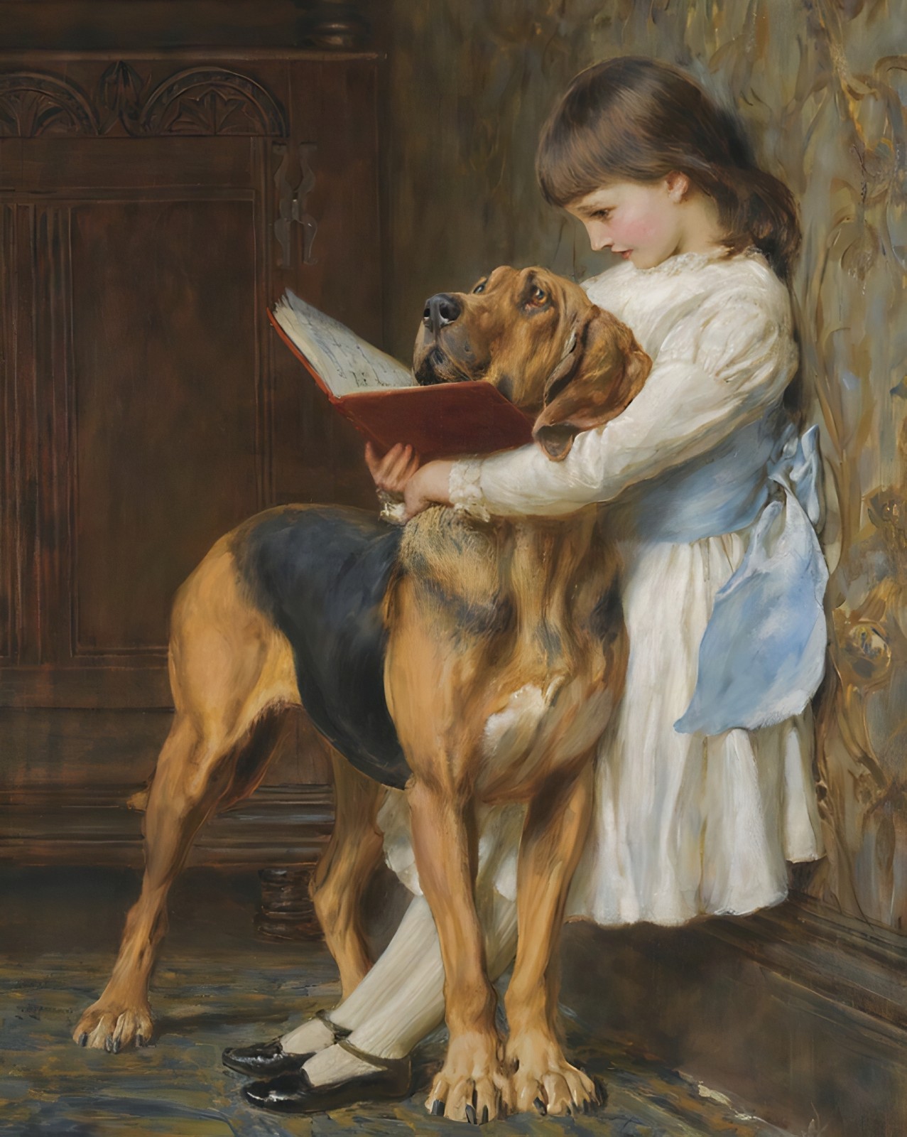 Girl Teaching a BLOODHOUND dog to READ - 1890s Art - 8 x 10 In Print