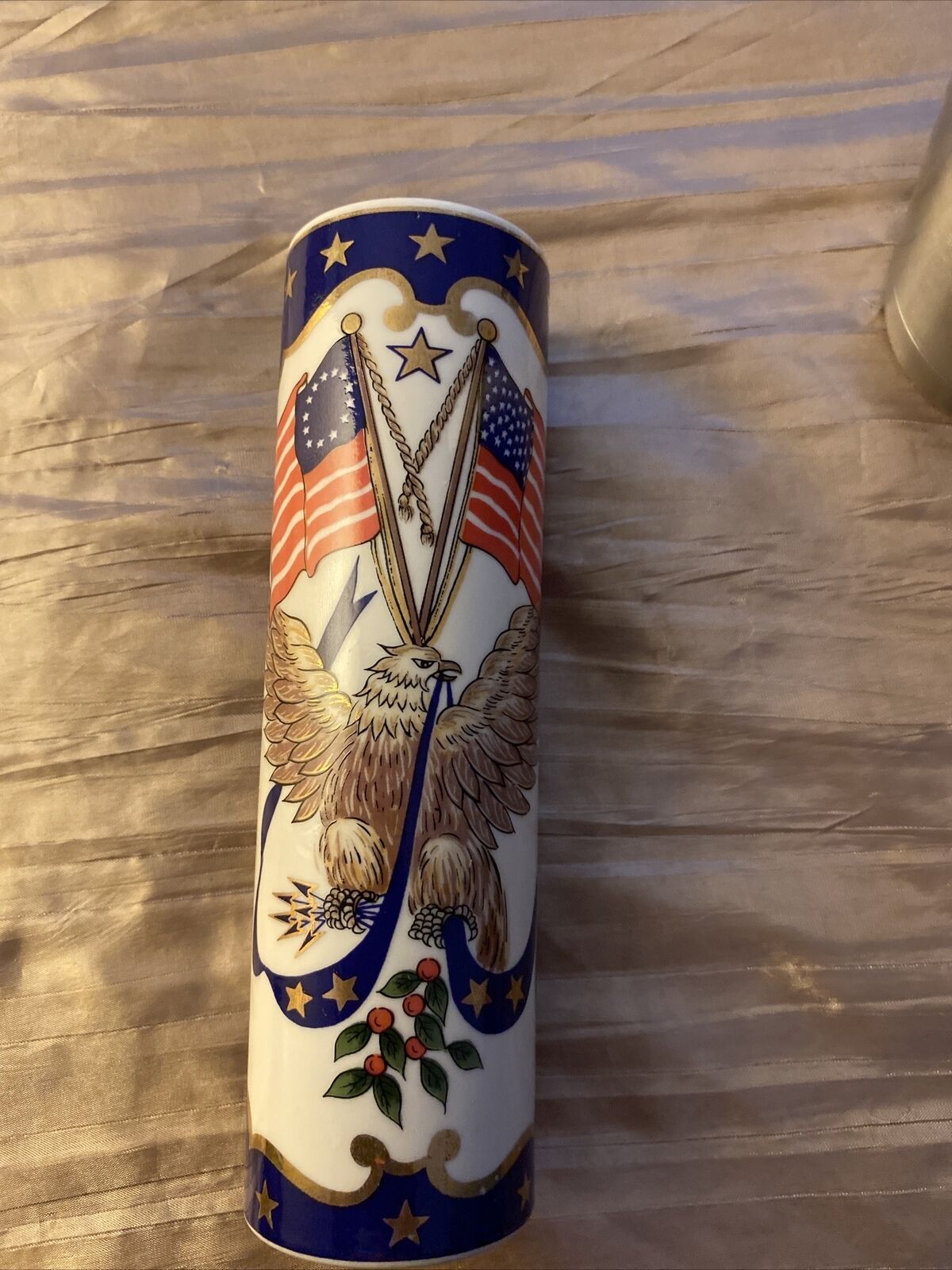  Vintage Porcelain Transferware Patriot Bi-Centennial Vase  Flags Eagle Gold