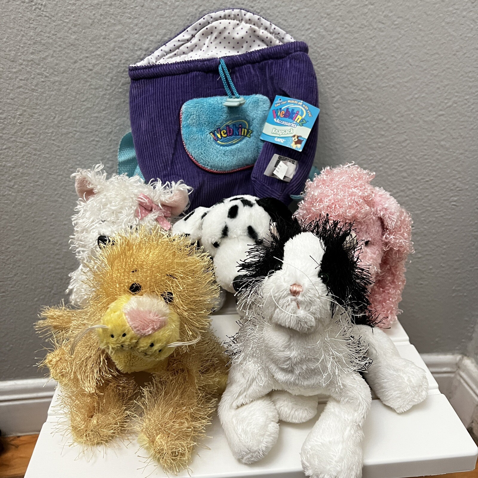 5x Ganz Webkinz dog cat puppy kitten plush lot w/ purple knapsack bag - NO CODES