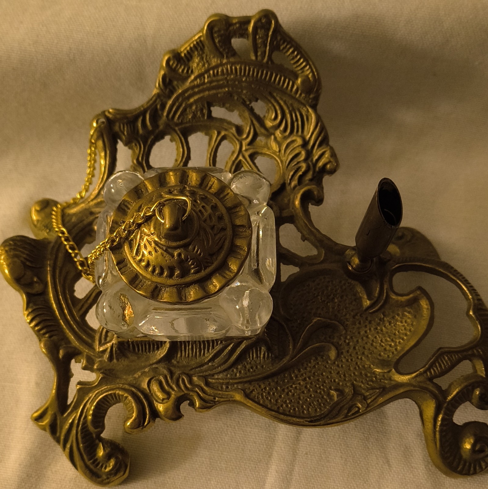 Vintage Teleflora 1983 Inkwell Insert w/ Metal Lid & Ornate Metal Desk Stand