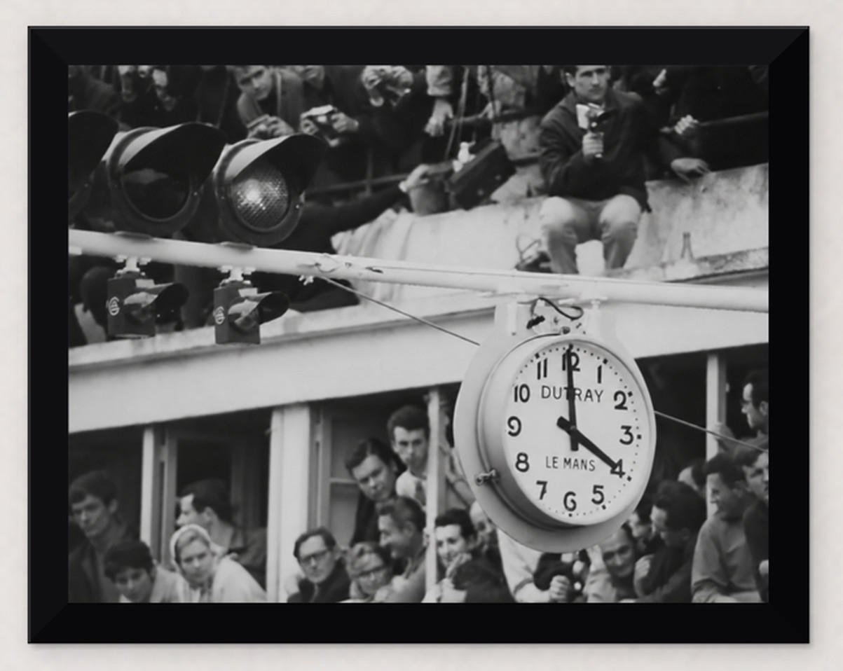 FRAMED 1966 LE MANS D-DAY RACE START CLOCK B&W 11X8.5 VINTAGE PHOTO REPRO