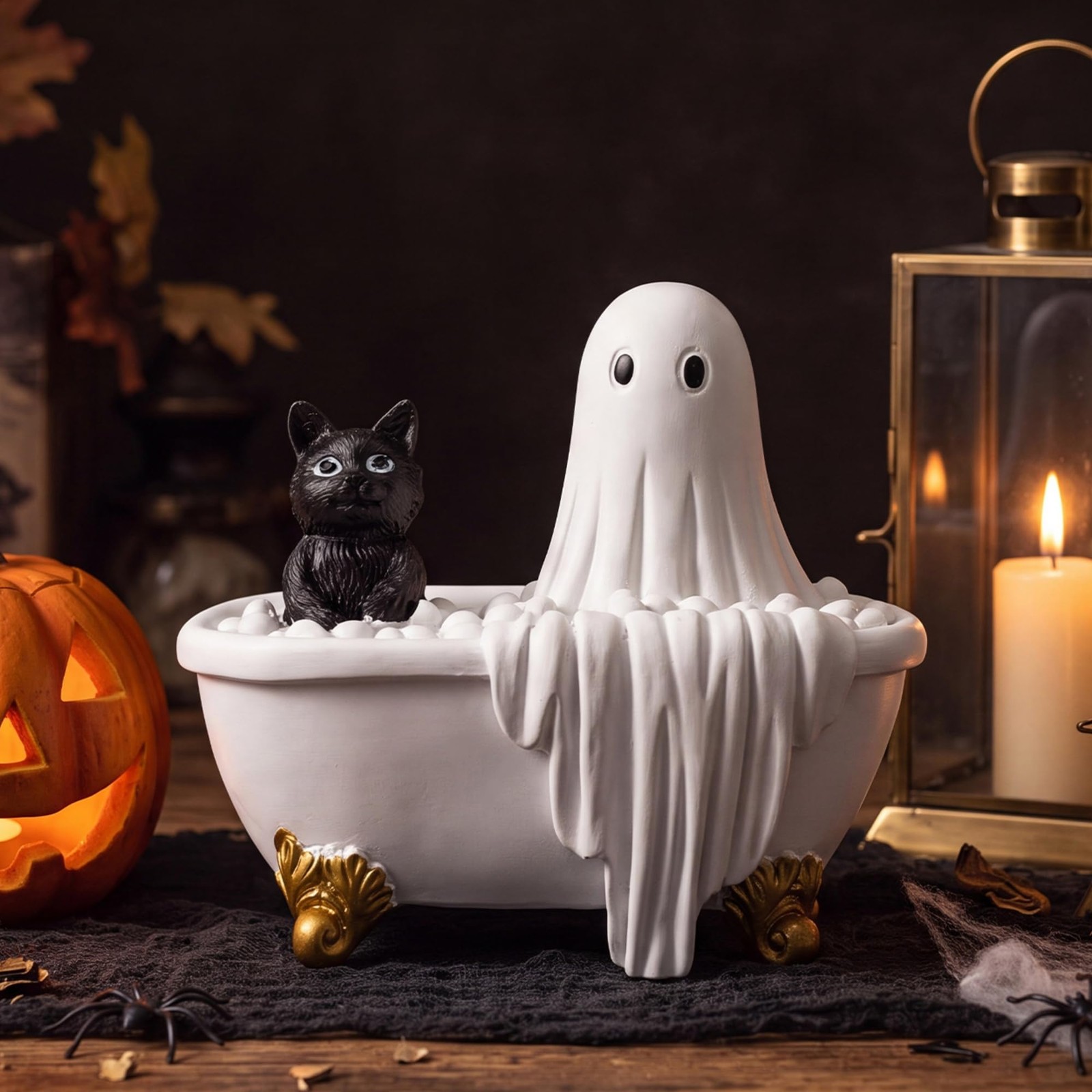 Halloween Ghost Figurine Ghost Black Cat in Bathtub Decor