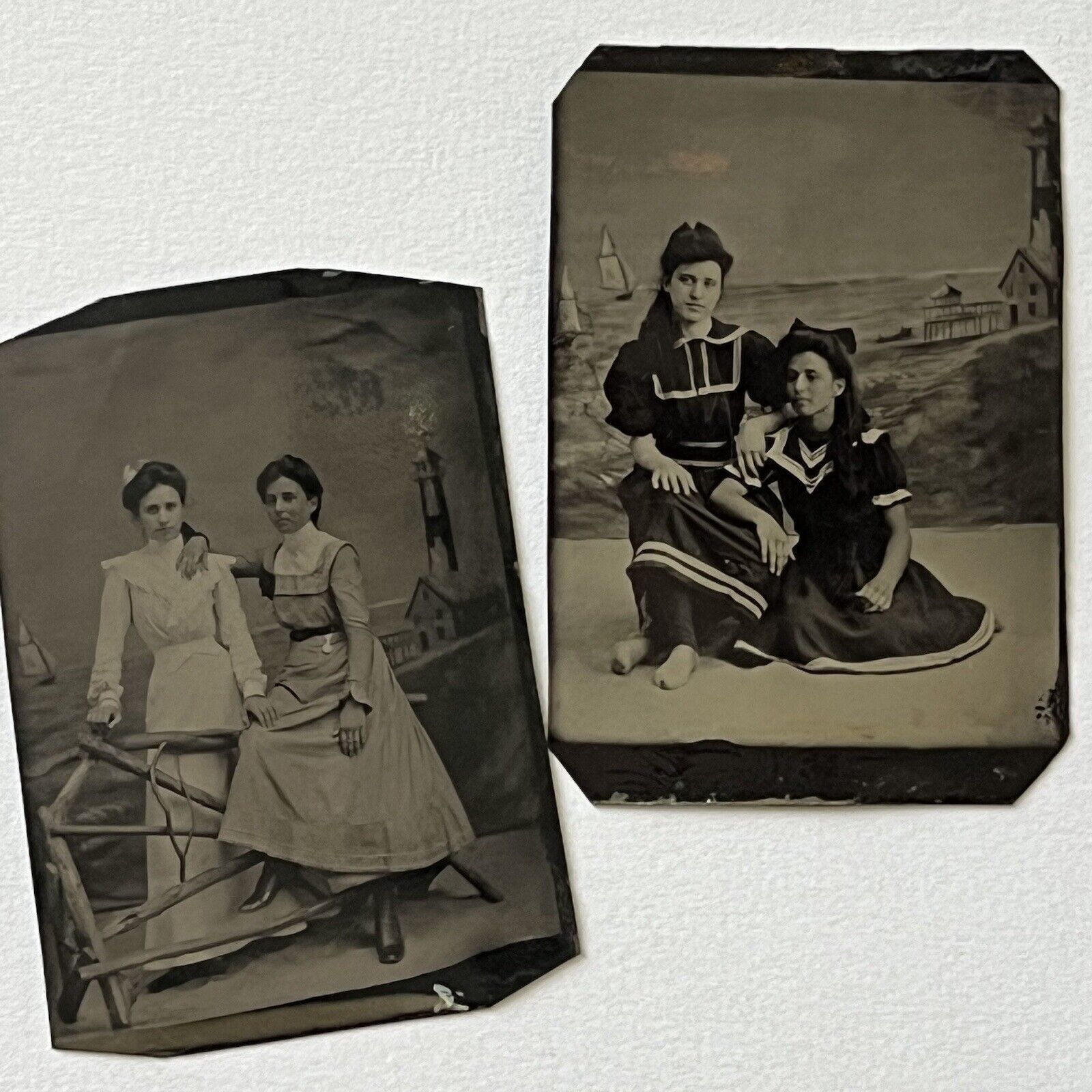 Antique Tintype Photograph Beautiful Affectionate Young Women Bathing Suit