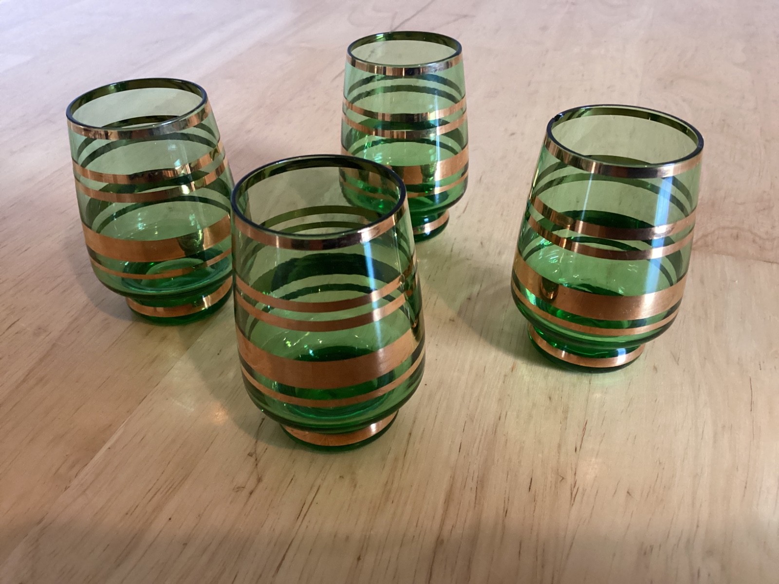 Vintage MSM 1960s Czech Bohemian Shot Glasses Green Gold Stripe
