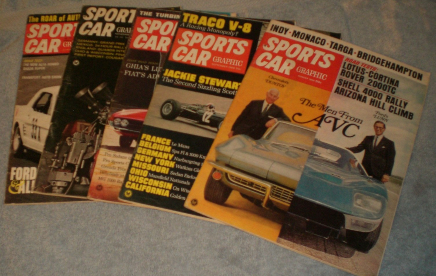 Sports Car Graphic, five vintage issues, 1966, August-December.