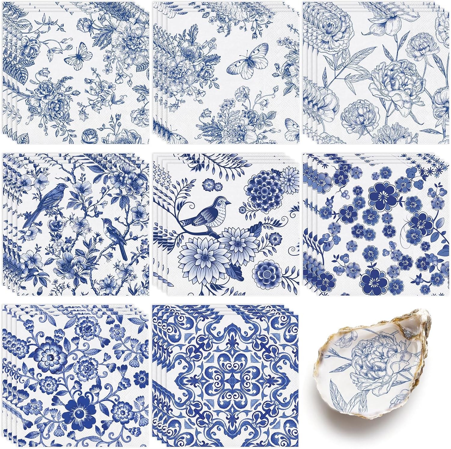 Blue and White Floral Paper Napkins Chinoiserie Decorative Cocktail Napkin