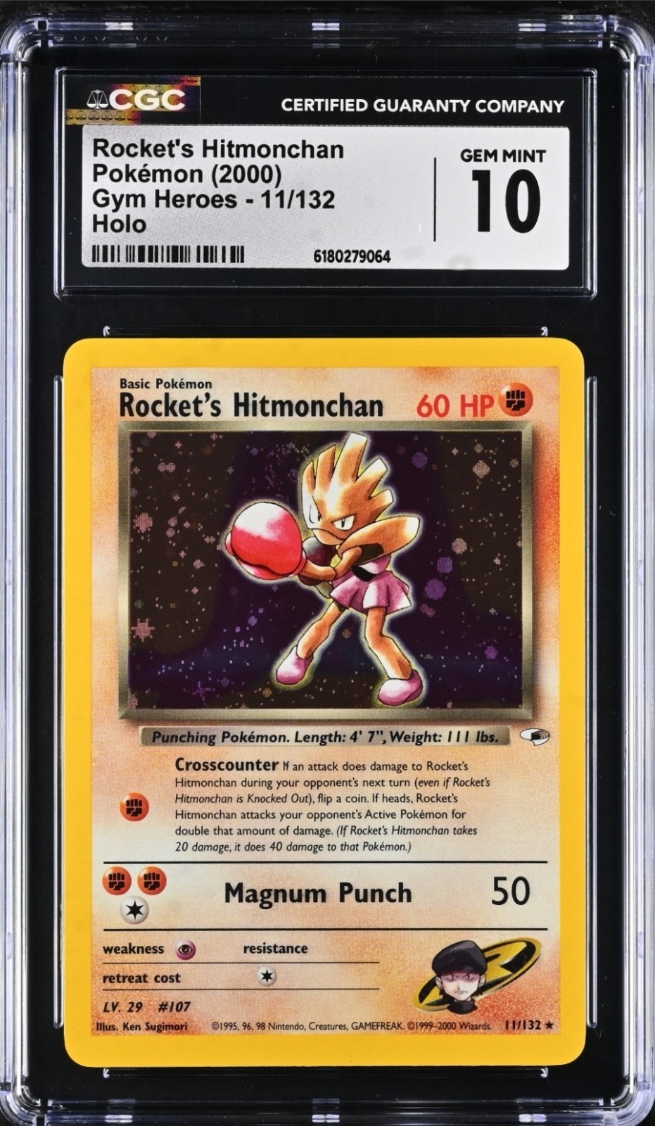 Pokémon Rocket’s Hitmonchan Holo #11 Gym Heroes CGC 10 Gem Mint Head Swirl