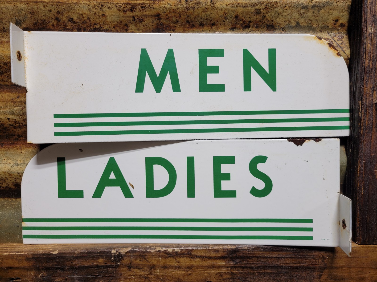 VINTAGE RESTROOM PORCELAIN SIGN OLD 1958 FLANGE SINCLAIR TEXACO SIGN MENS LADIES