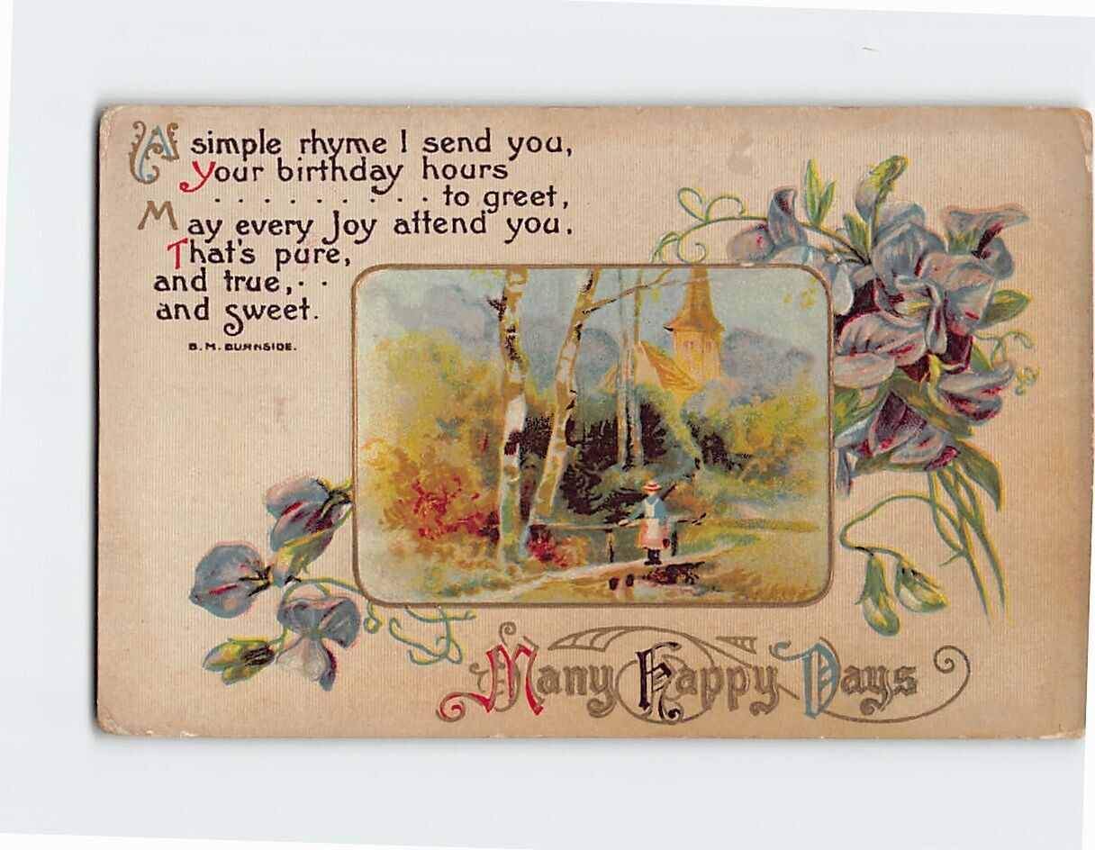 Postcard Many Happy Days Poem by B.M. Burnside Embossed Card