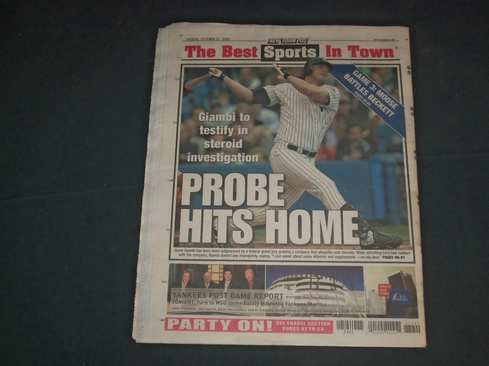 2003 OCT 21 NEW YORK POST NEWSPAPER- JASON GIAMBI STEROID INVESTIGATION- NP 4153